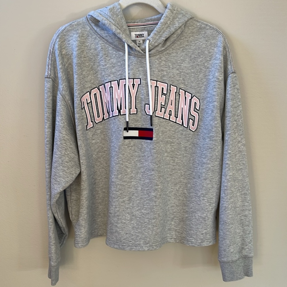 Tommy Hilfiger Hoodie Sweatshirt Grey Pink Collegiate Loose Fit Sz M